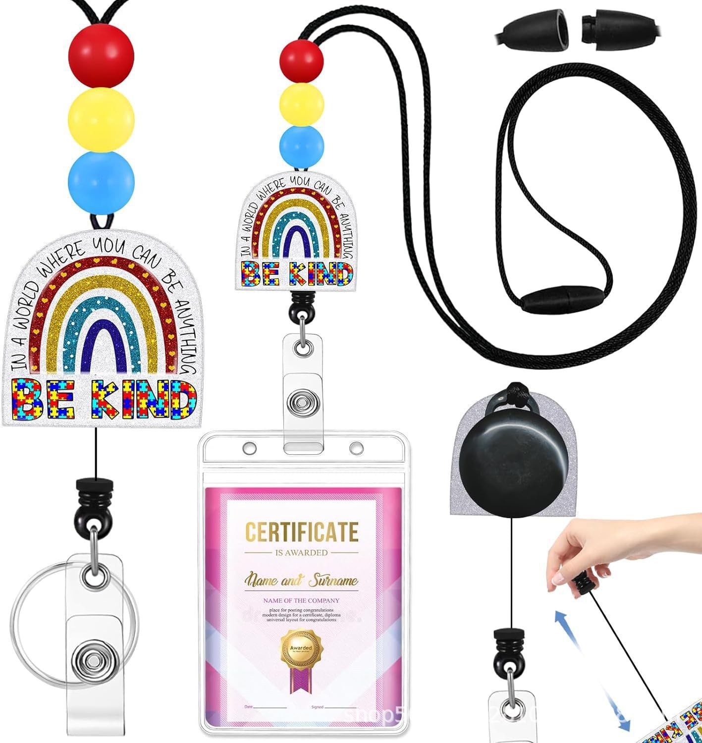 Wholesale Badge Reels Cow Leopard Print West Highland Cow Rainbow Sunflower Card Holder Silicone Beaded Lanyard Retractable Keychain